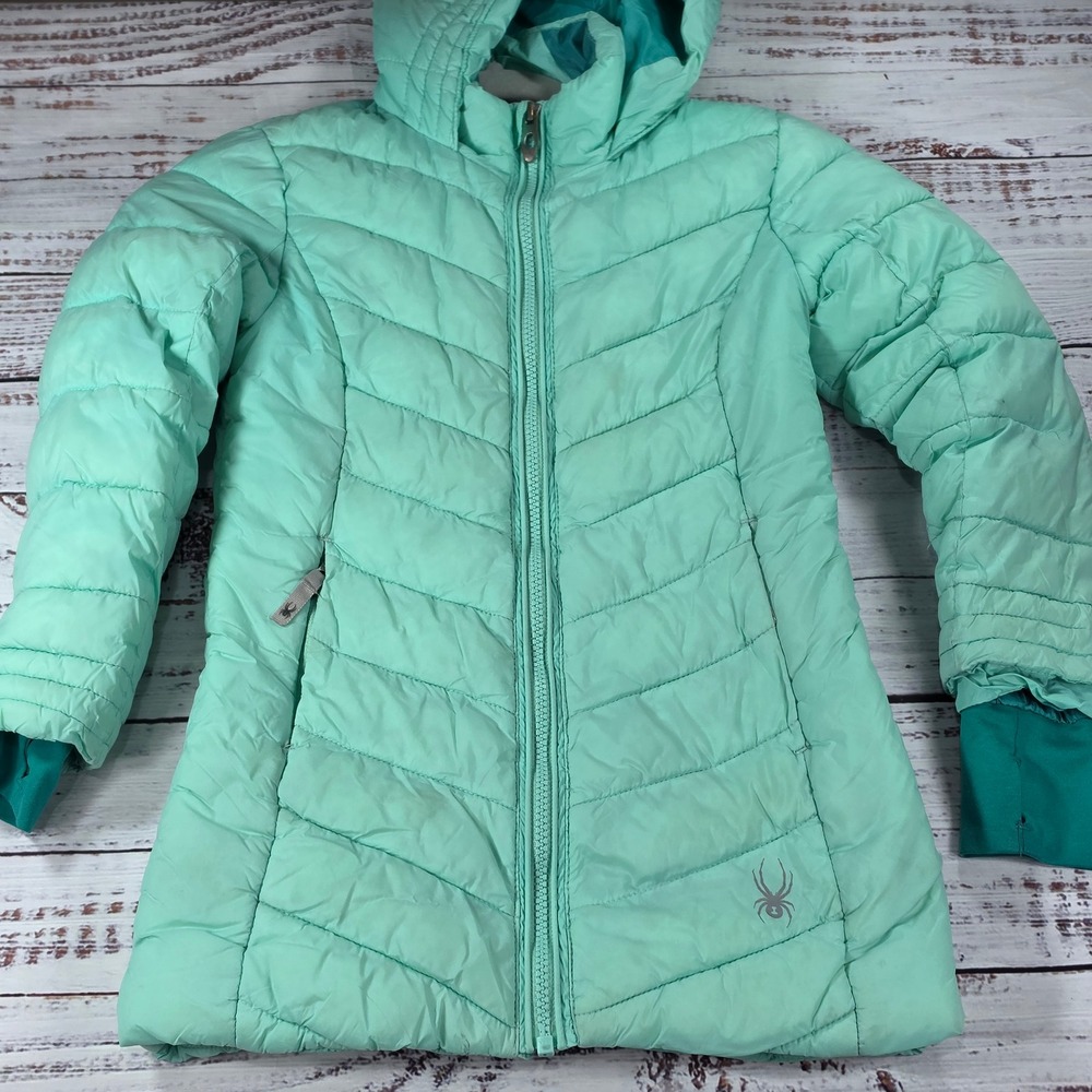 Spyder Puffer Jacket Kids Size XS 5/6 Green Good Hooded Insulated Snow Outdoor